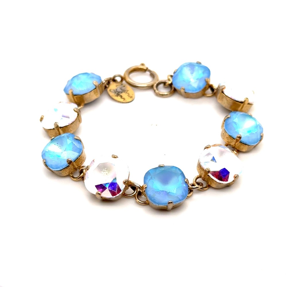 Victoria Lynn Iridescent AB Blue Crystal Gold Tone Link Bracelet 7 Inch